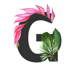 Letter G. Monogram decorated from exotic tropical Watercolor Flowers - 481866082
