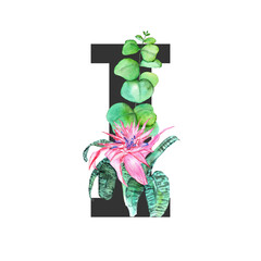 Letter I. Monogram decorated from exotic tropical Watercolor Flowers