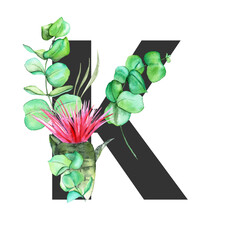 Letter K. Monogram decorated from exotic tropical Watercolor Flowers