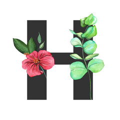 Letter H. Monogram decorated from exotic tropical Watercolor Flowers