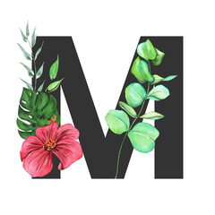 Letter M. Monogram decorated from exotic tropical Watercolor Flowers