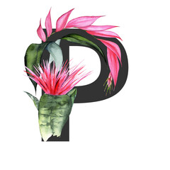 Letter P. Monogram decorated from exotic tropical Watercolor Flowers