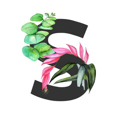Letter S. Monogram decorated from exotic tropical Watercolor Flowers - 481866092