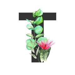 Letter T. Monogram decorated from exotic tropical Watercolor Flowers