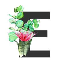 Letter E. Monogram decorated from exotic tropical Watercolor Flowers