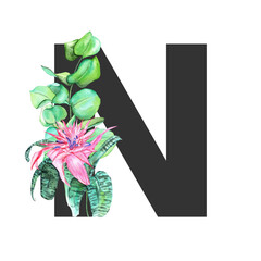 Letter N. Monogram decorated from exotic tropical Watercolor Flowers