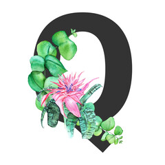 Letter Q. Monogram decorated from exotic tropical Watercolor Flowers