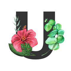 Letter U. Monogram decorated from exotic tropical Watercolor Flowers