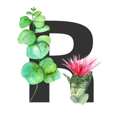 Letter R. Monogram decorated from exotic tropical Watercolor Flowers