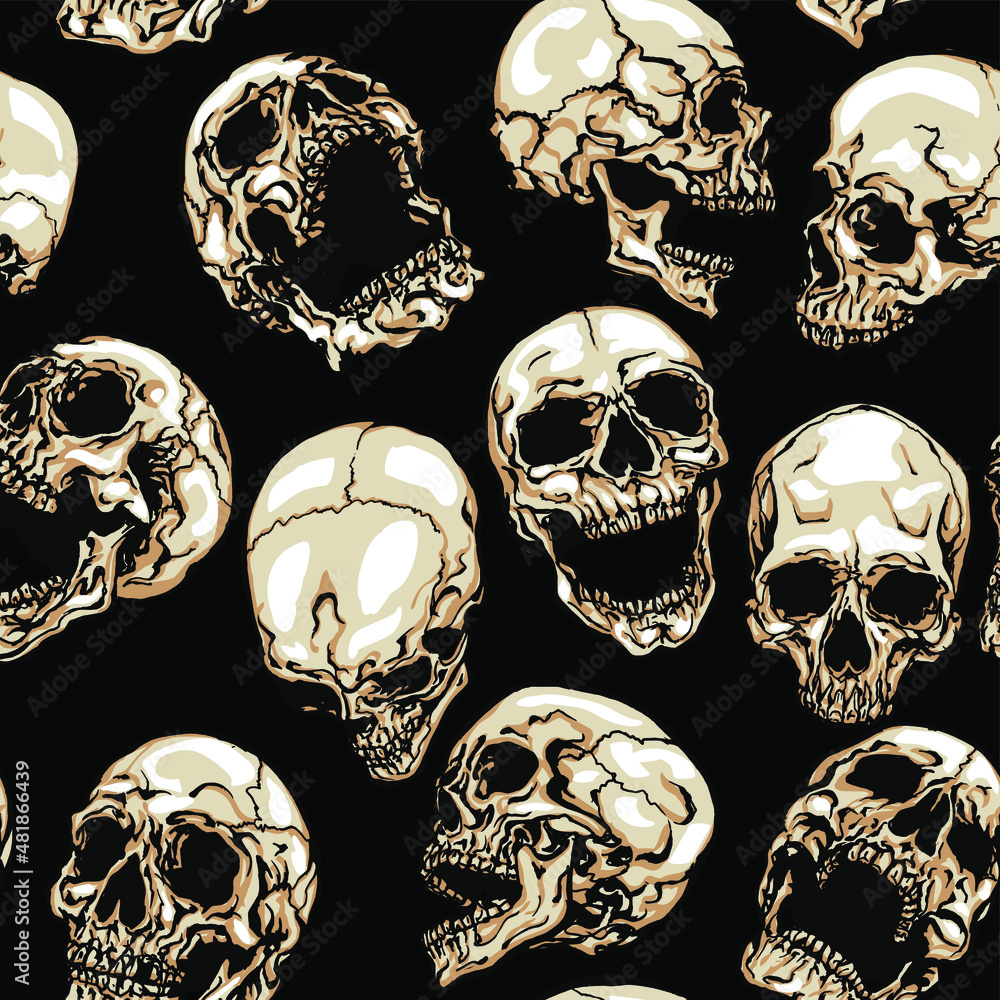 Poster skulls vector seamless pattern on black background. hand drawn vector illustration in modern style t