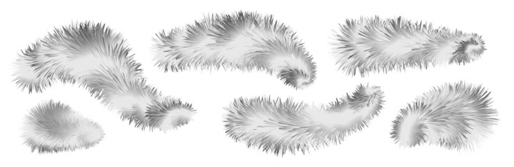 Bushy gray fox fur, furry striped brushes and pompoms, fuzzy and flocky hair shapes, winter design elements isolated on white background. Vector illustration