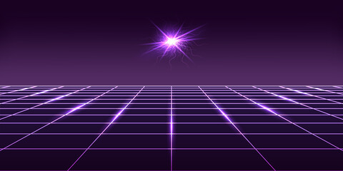 Synthwave background.  Perspective 3d grid,  neon glowing light effect. Galaxy space with supernova explosion. Purple vaporwave, 80s disco style. Abstract vector illustration