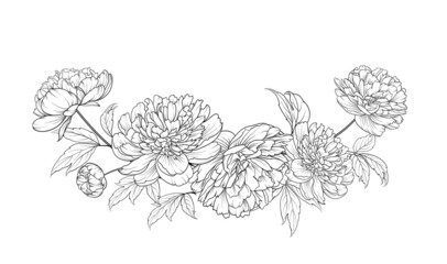 Black silhouette of a garland of peonies flowers. Vector illustration on white background. - obrazy, fototapety, plakaty