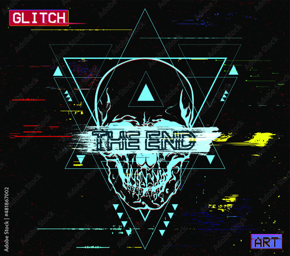 Aufkleber screen display glitch of abstract geometric design with inside a skull with word the end over a brus