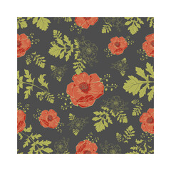 Pattern with red poppies and green leaves scattered around on dark grey background