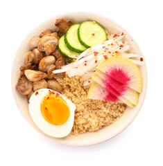 Healthy quinoa bowl with egg on white background