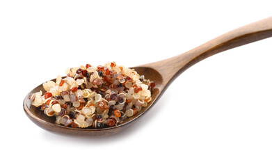 Spoon with boiled quinoa on white background
