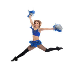 Beautiful cheerleader with pom poms jumping on white background