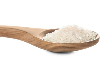 Spoon with raw rice isolated on white