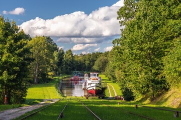 Green nature of the Elbląg Canal (Kanał Elbląski), famous landmark of Warmian-Masurian, Poland....