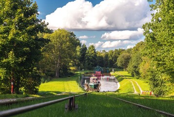 Green nature of the Elbląg Canal (Kanał Elbląski), famous landmark of Warmian-Masurian, Poland....
