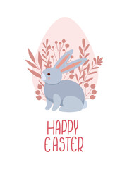 Easter postcard with a rabbit with leaves and different plants. Hand-drawn in cartoon style	
