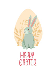 Easter postcard with a rabbit with leaves and different plants. Hand-drawn in cartoon style