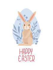 Fototapeta premium Easter postcard with a rabbit with leaves and different plants. Hand-drawn in cartoon style 