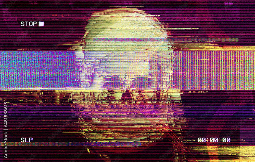 Poster digital pixel sorting colorful glitch skull astronaut illustration in the style of bad signal tv and