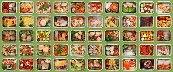 Healthy Food Delivery. Lunch Boxes With Prepared Everyday Meals Over Green Background