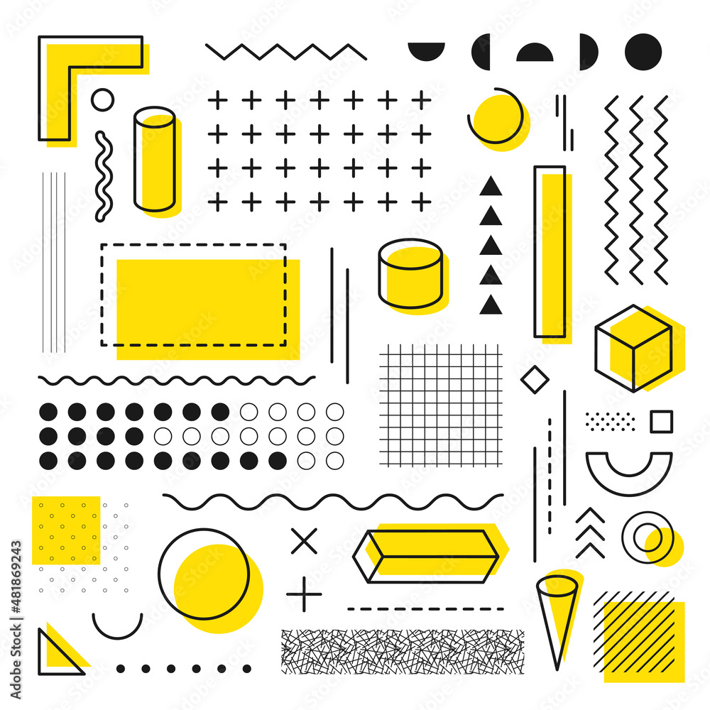 Leinwandbilder Geometric design elements. Set of geometric shapes and modern elements in memphis style. Abstract shapes, textures in vintage 80s and 90s style. Geometric shapes and lines. Vector