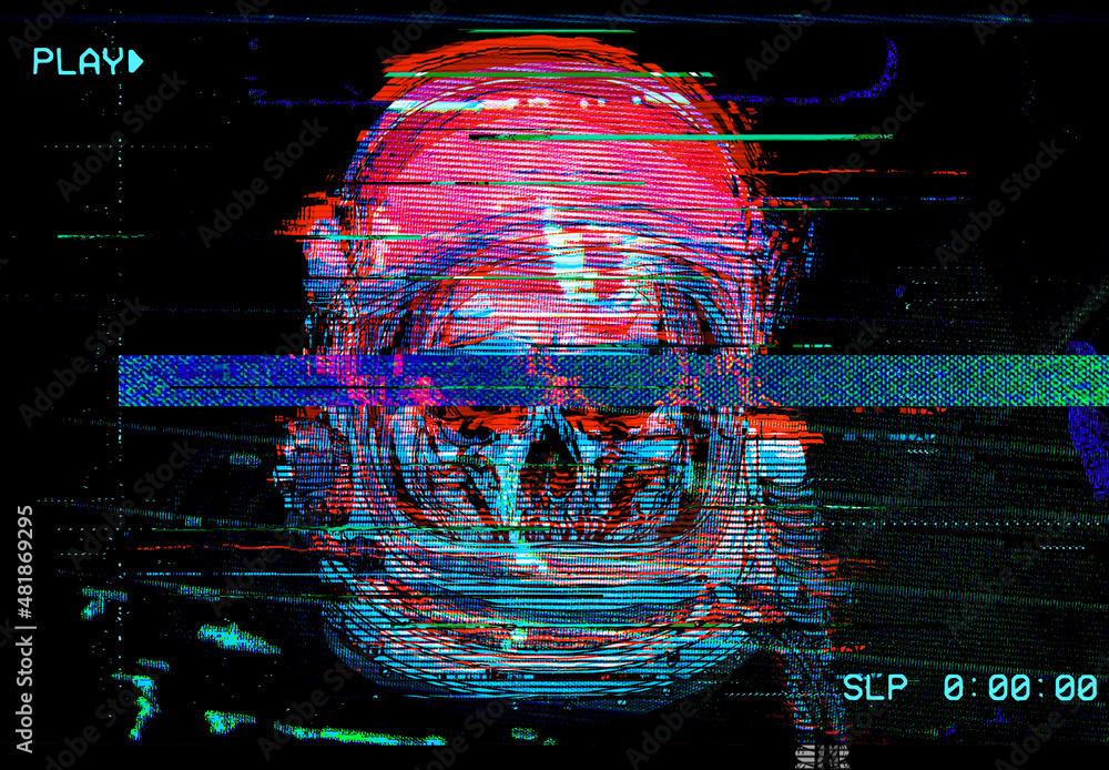 Poster corrupted signal, digital pixel sorting colorful glitch skull astronaut illustration in the style of
