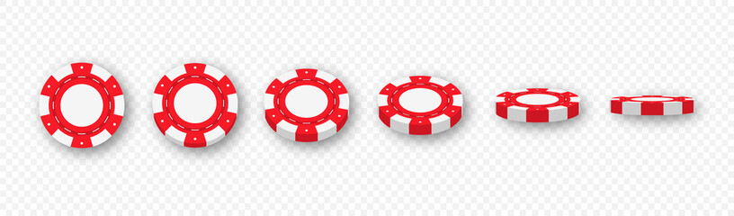Gambling casino chips. Casino token 3d animation. Spinning poker chips and coins isolated on transparent background. Collection of red casino chips for gambling, poker, roulette. Vector
