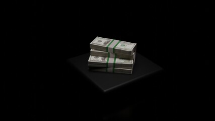 New design dollar bundles stack of bundles of 100 US dollars isolated on black background. 