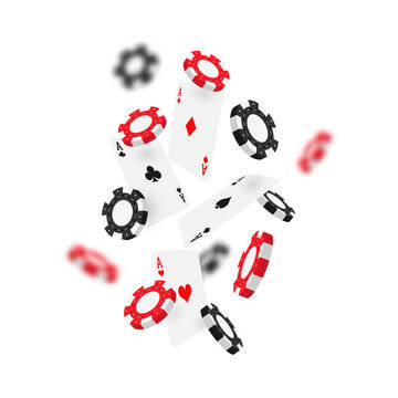 Flying casino chips and cards. Black and red poker chips are falling down. Poker chips and cards on white background with bokeh effect. Flying casino gaming tokens. Vector
