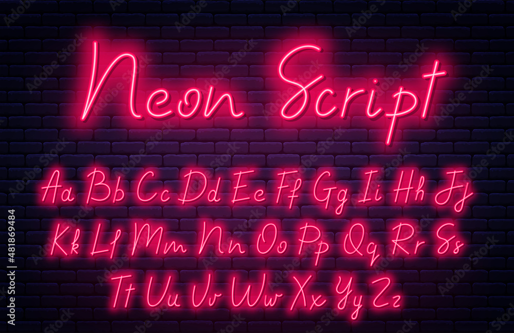 Aufkleber glowing neon script alphabet. neon font with uppercase and lowercase letters. handwritten font scrip