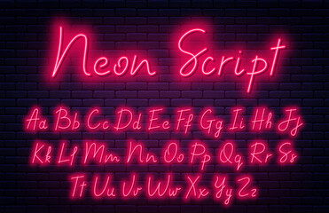 Glowing neon script alphabet. Neon font with uppercase and lowercase letters. Handwritten font script. English alphabet with neon light effect. Vector