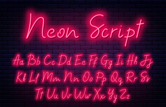 Glowing neon script alphabet. Neon font with uppercase and lowercase letters. Handwritten font script. English alphabet with neon light effect. Vector