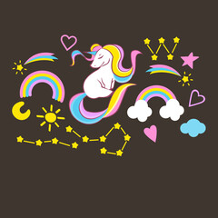 Unicorns collection. Illustration of cute cartoon multi colored Unicorn with rainbow mane. Vector format