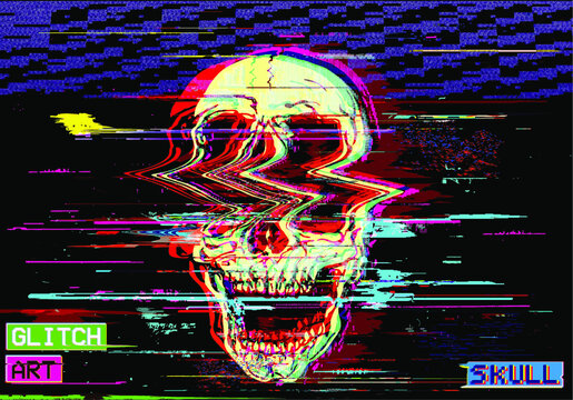Vector GLITCH ART screaming skull illustration in the style of old TV and VHS and RGB mode corrupted graphics signal on black background.
