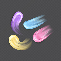 Cosmetic cream and scrub smear set of Gel, scrub with small particles and grains, cosmetic face mask or serum texture smudge swatch isolated on transparent background, vector format