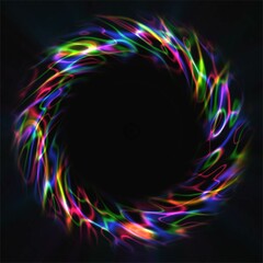 Energy neon sphere frame. Texture smooth glowing lines. Design chaotic circles, cosmic body, bundle energy. Rainbow color. Sparkling lightning. Glowing rays. Poster  technology, social networks.