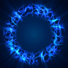 Energy neon blue sphere frame. Texture of smooth glowing lines. The design of chaotic circles, cosmic body, bundle of energy. Sparkling lightning. Glowing rays. Poster for technology, social networks.
