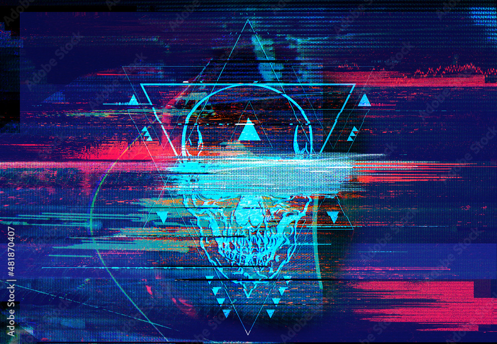 Poster glitch art illustration of abstract geometric design with triangle shapes and skull in retro tv and 