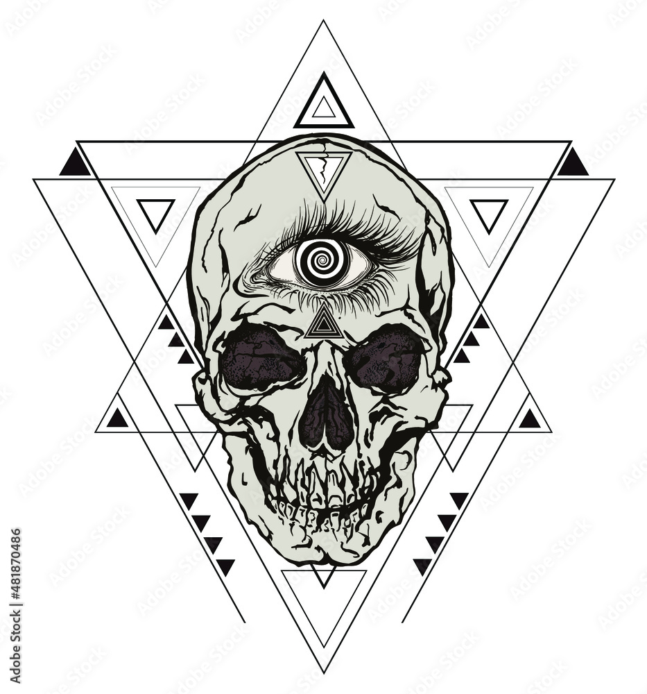 Aufkleber minimalist triangle abstract geometric design with inside a skull with hypnotic masonic eye. vector 
