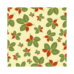 Seamless pattern with red hips and green leaves on yellowish background