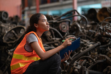 Africa American worker woman standing in the automotive engine part at the factory with copy space....