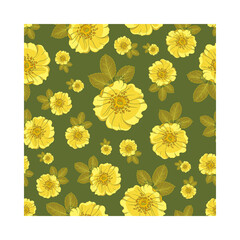 Yellow wild roses with green leaves grouped together and scattered around on the green background