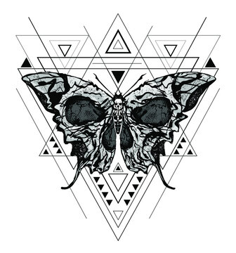 Skull Butterfly. Greater death's head hawk-moth vector abstract illustration isolated on white background with triangles and linear shapes in the style of modern tattoo.