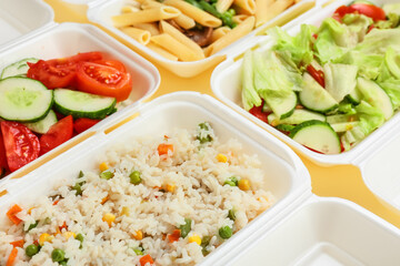 Containers with different tasty food, closeup